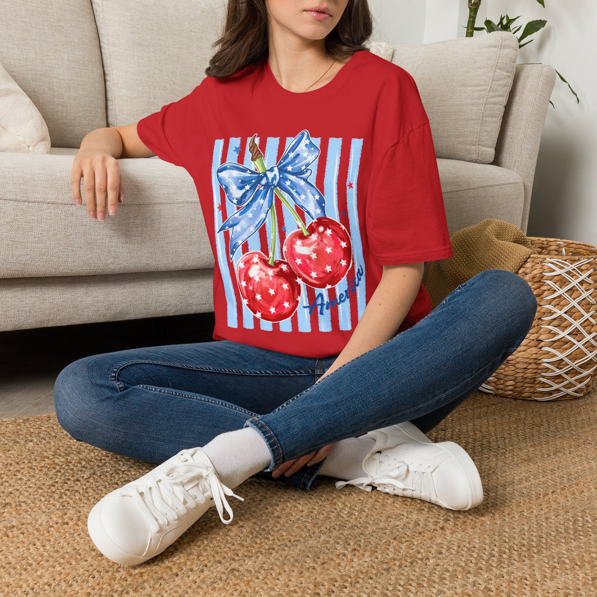 Cherry Bow T‑Shirt — Americana Red Cherries with Blue Ribbon Graphic