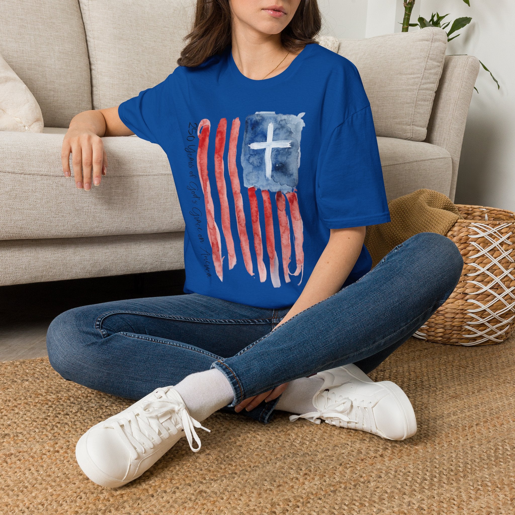 Christian Flag Watercolor T-Shirt — 250 Years of God's Grace Patriotic Tee