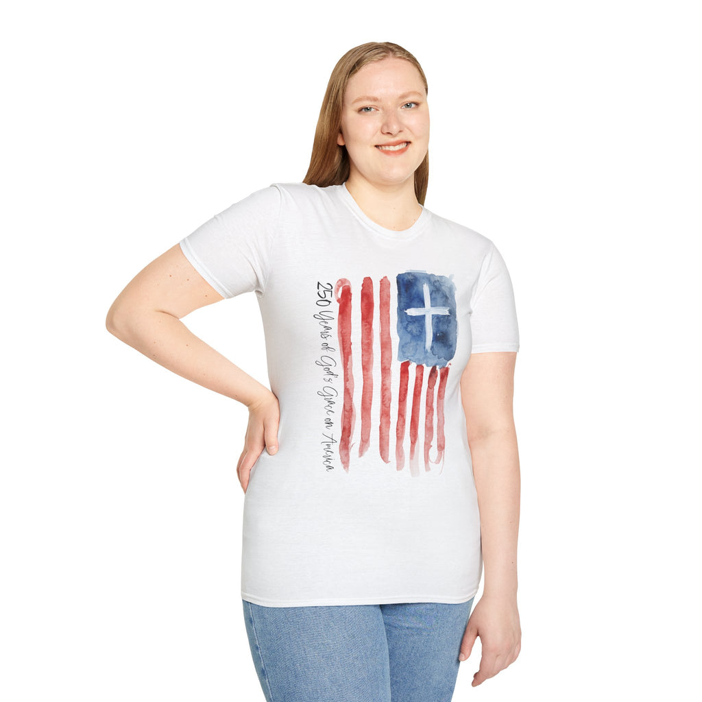 Christian Flag Watercolor T-Shirt — 250 Years of God's Grace Patriotic Tee