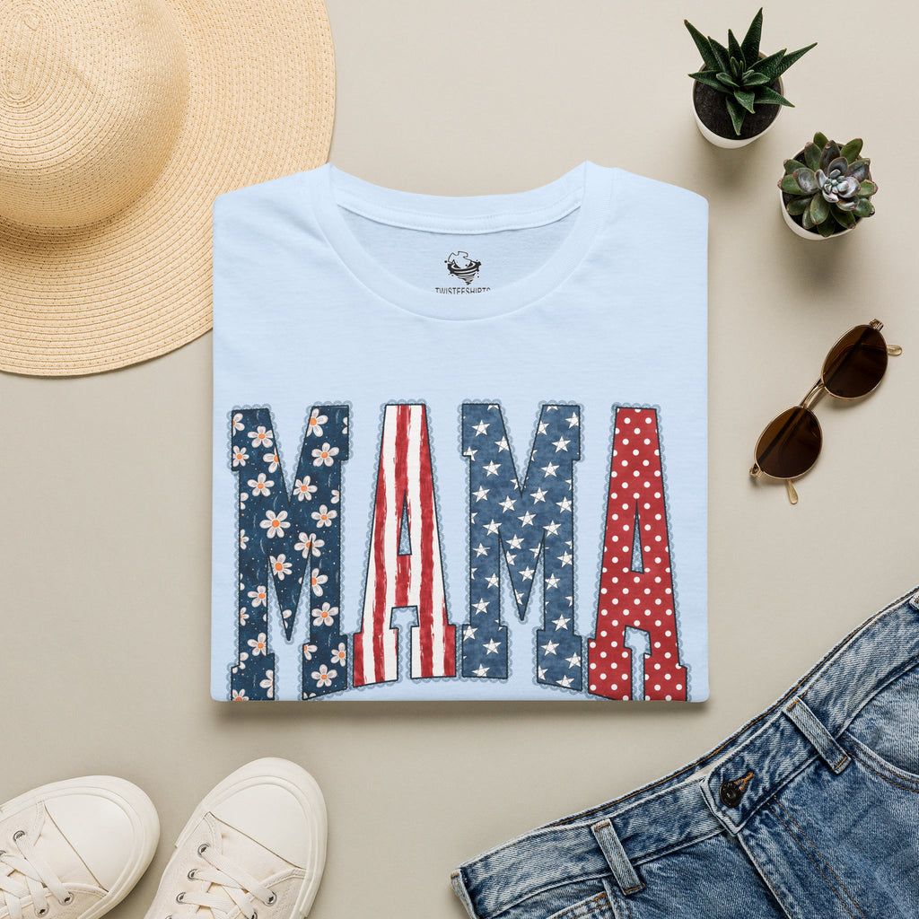 Mama T‑Shirt — Patriotic American Flag Floral Mama Tee for Mother's Day & 4th of July