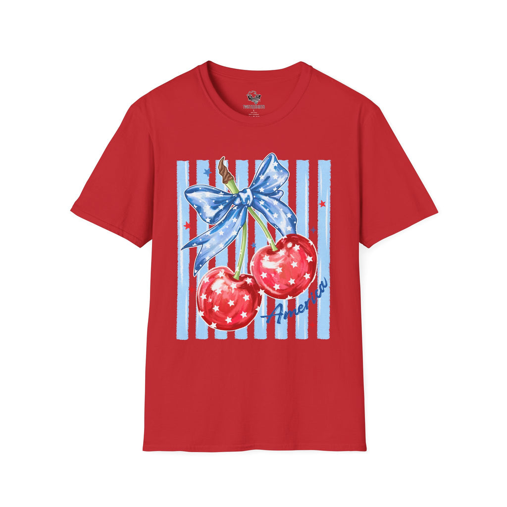 Cherry Bow T‑Shirt — Americana Red Cherries with Blue Ribbon Graphic