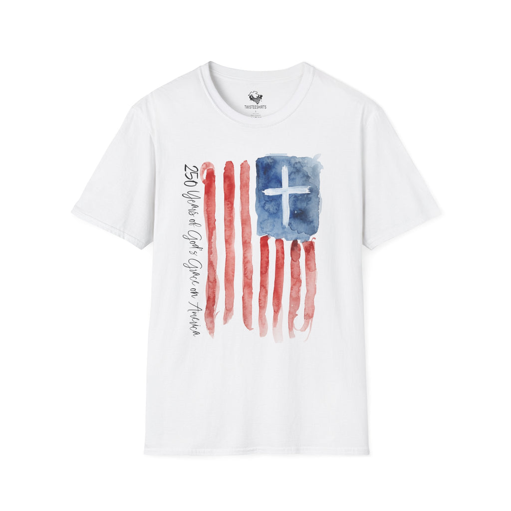 Christian Flag Watercolor T-Shirt — 250 Years of God's Grace Patriotic Tee