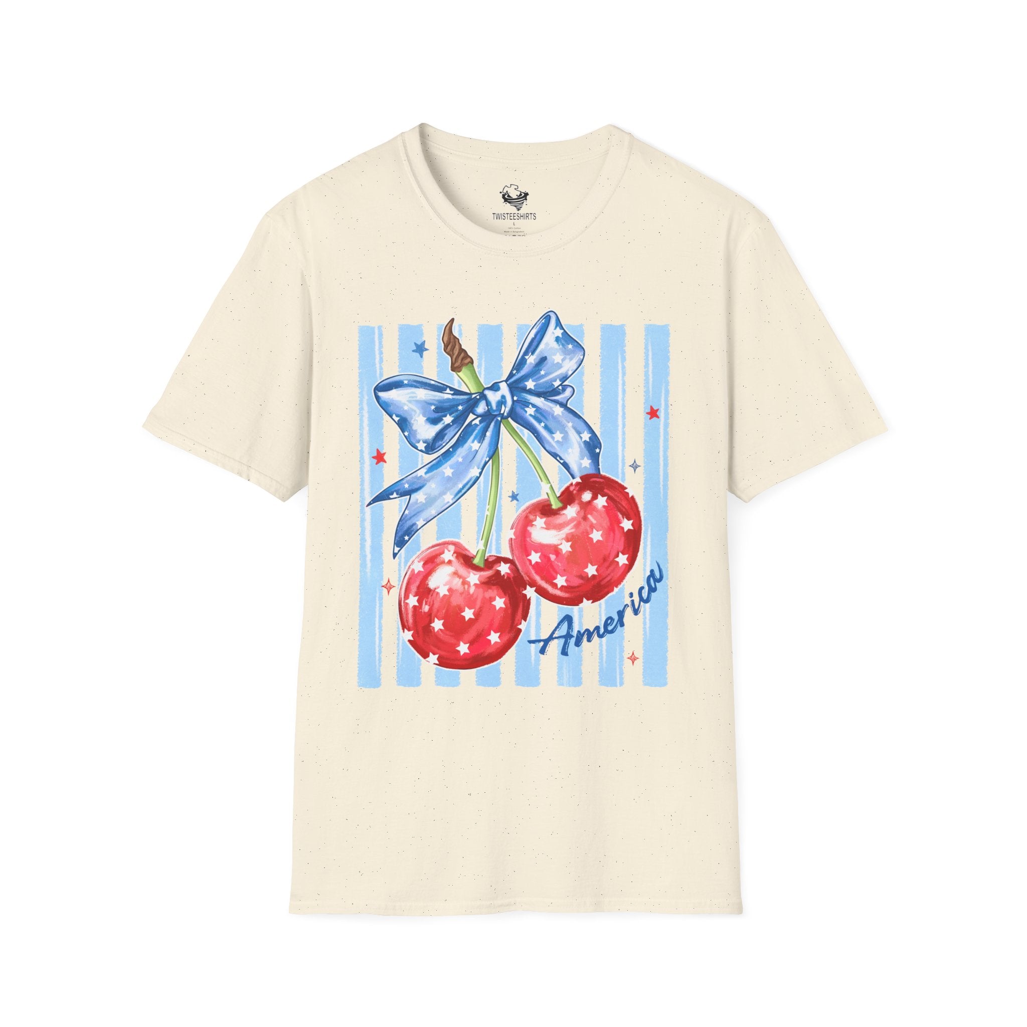 Cherry Bow T‑Shirt — Americana Red Cherries with Blue Ribbon Graphic