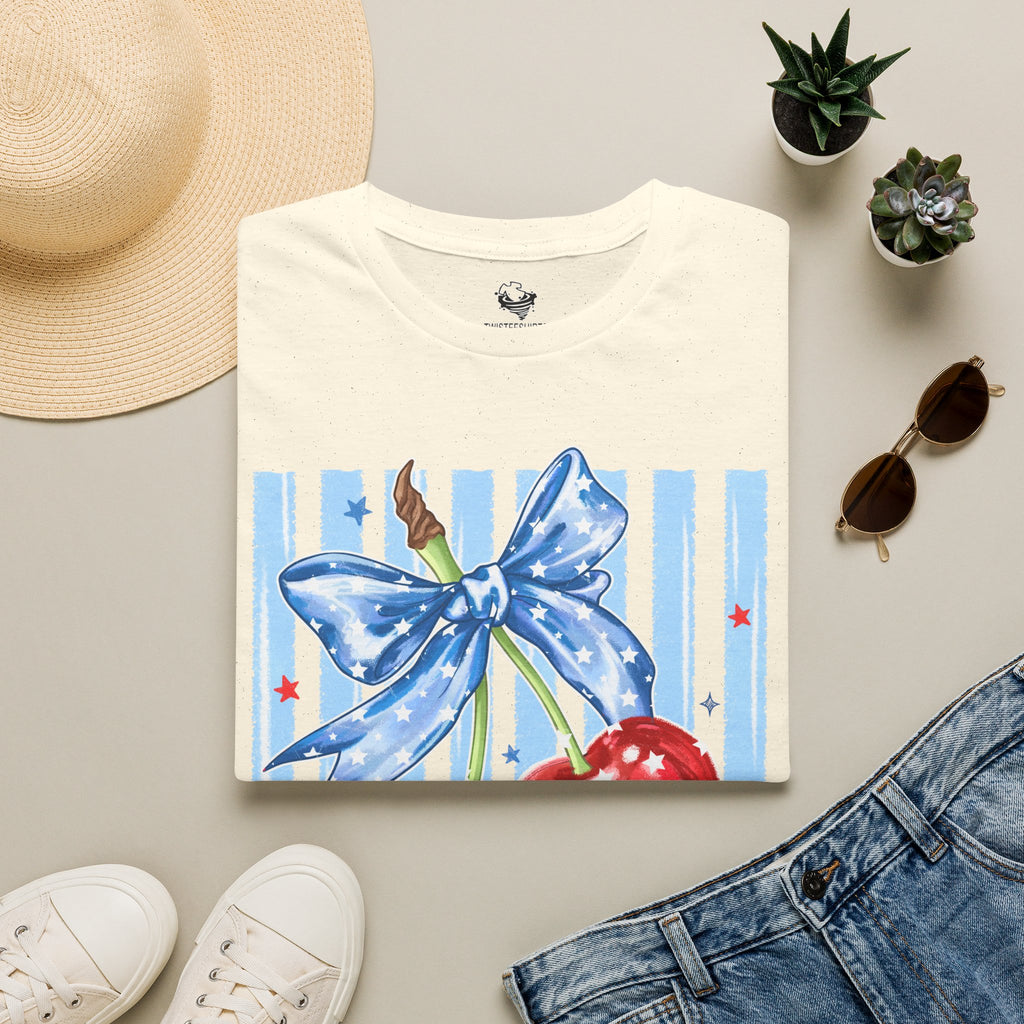 Cherry Bow T‑Shirt — Americana Red Cherries with Blue Ribbon Graphic