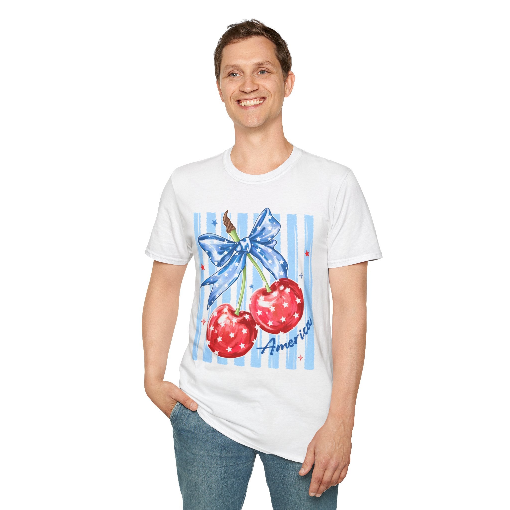 Cherry Bow T‑Shirt — Americana Red Cherries with Blue Ribbon Graphic