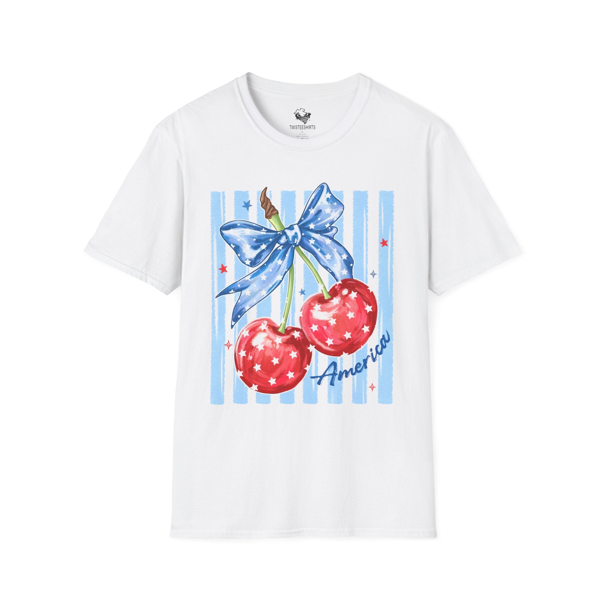 Cherry Bow T‑Shirt — Americana Red Cherries with Blue Ribbon Graphic