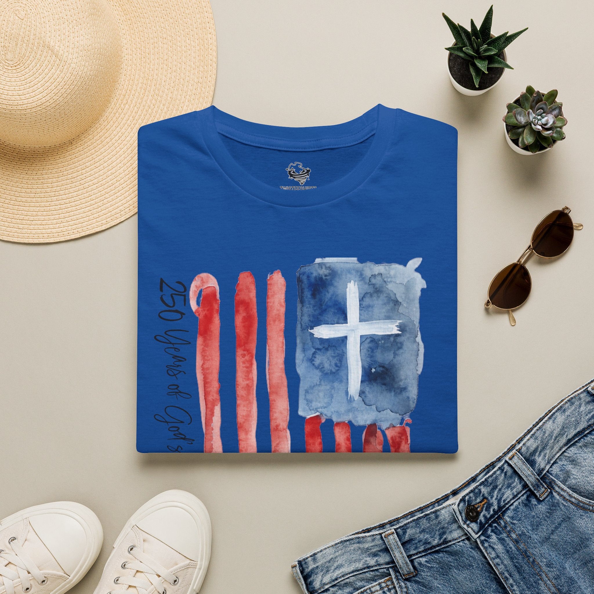 Christian Flag Watercolor T-Shirt — 250 Years of God's Grace Patriotic Tee