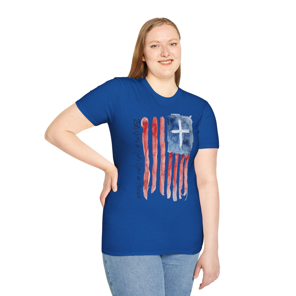 Christian Flag Watercolor T-Shirt — 250 Years of God's Grace Patriotic Tee