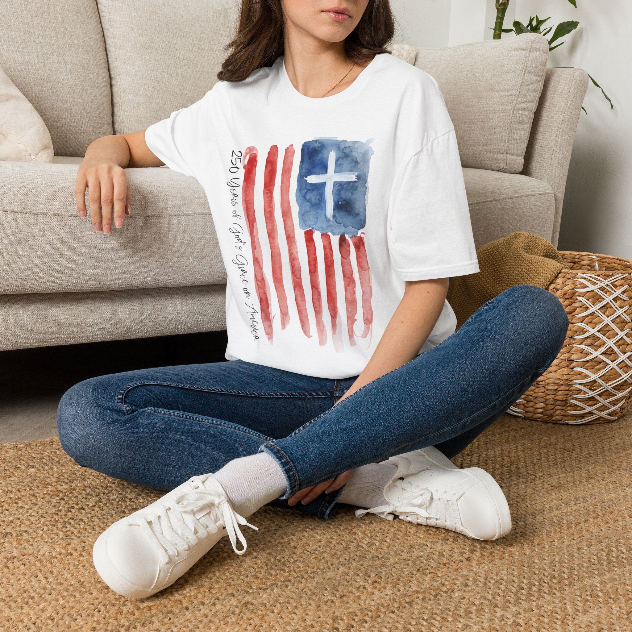 Christian Flag Watercolor T-Shirt — 250 Years of God's Grace Patriotic Tee