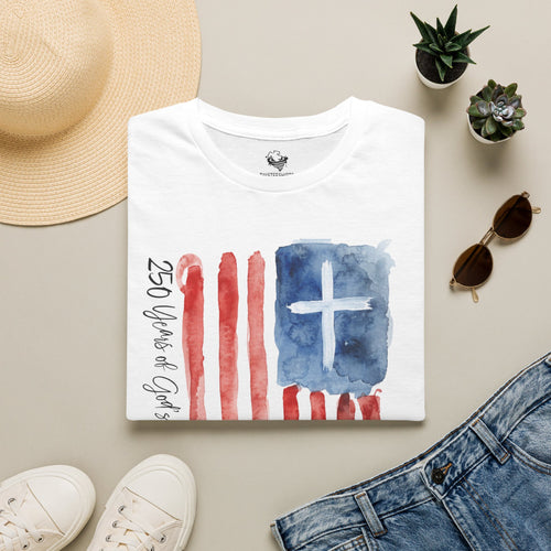 Christian Flag Watercolor T-Shirt — 250 Years of God's Grace Patriotic Tee