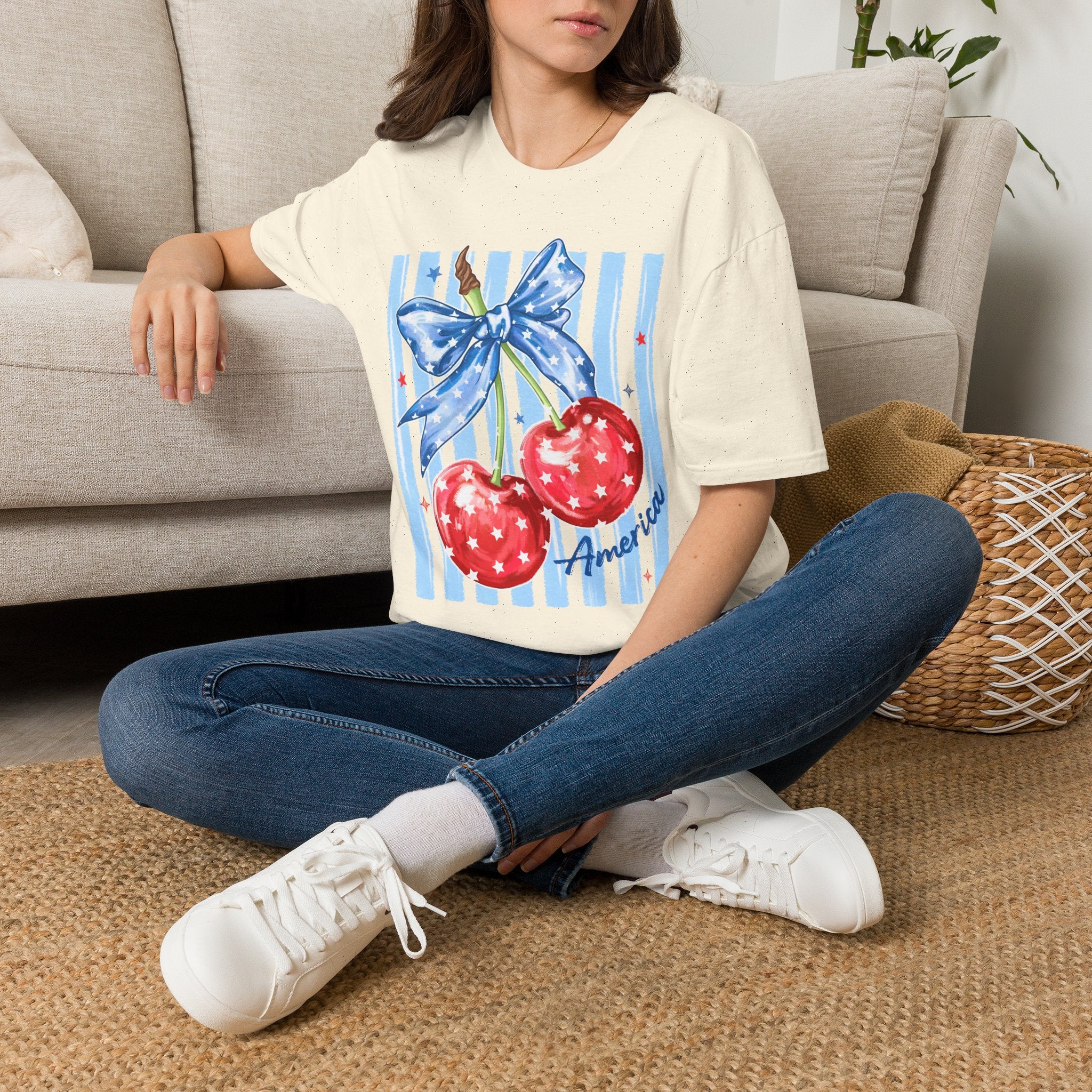Cherry Bow T‑Shirt — Americana Red Cherries with Blue Ribbon Graphic