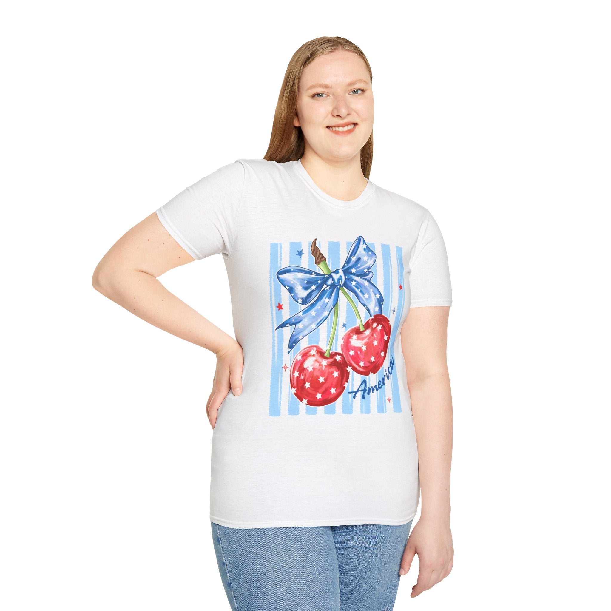 Cherry Bow T‑Shirt — Americana Red Cherries with Blue Ribbon Graphic