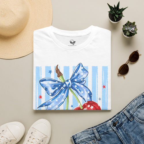 Cherry Bow T‑Shirt — Americana Red Cherries with Blue Ribbon Graphic