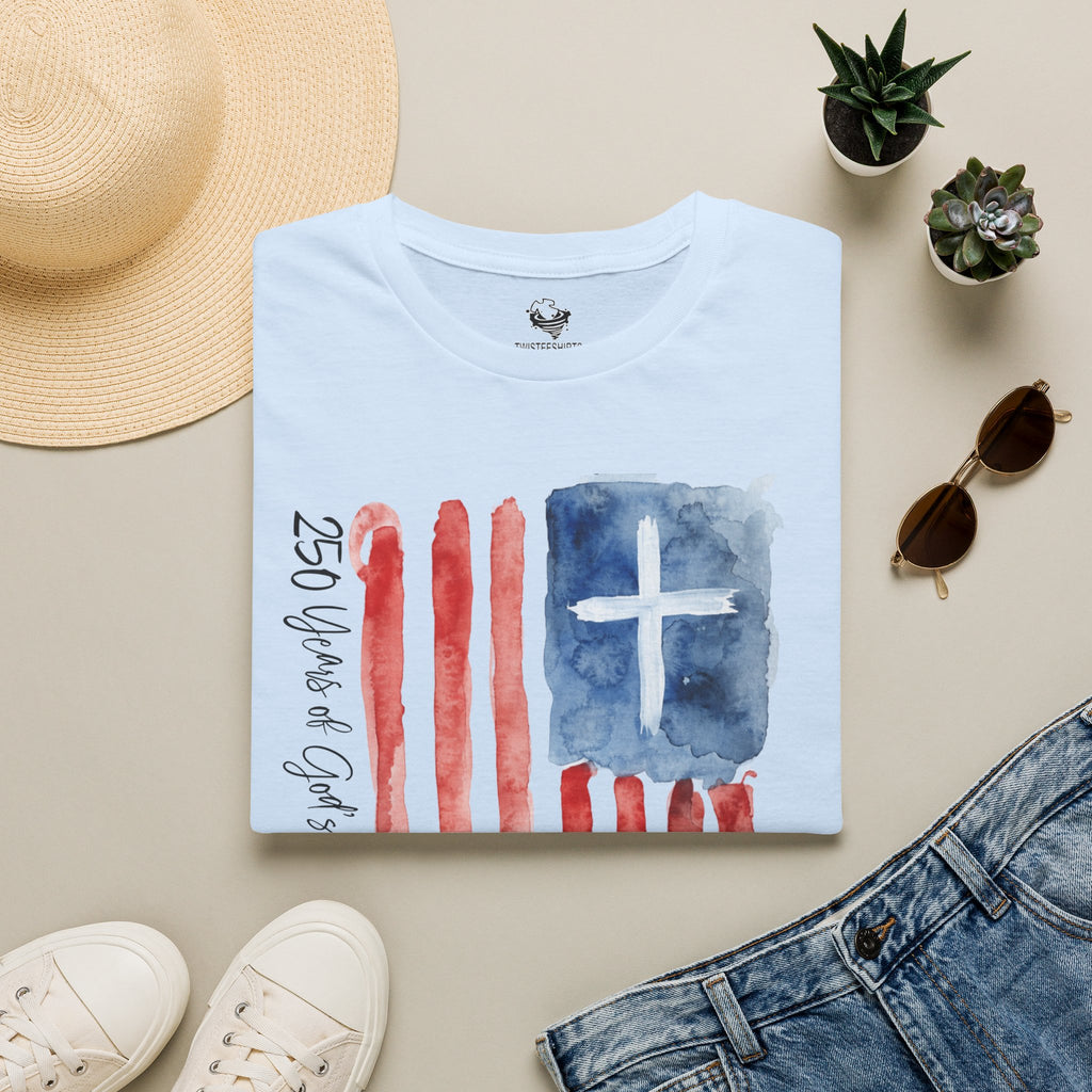 Christian Flag Watercolor T-Shirt — 250 Years of God's Grace Patriotic Tee
