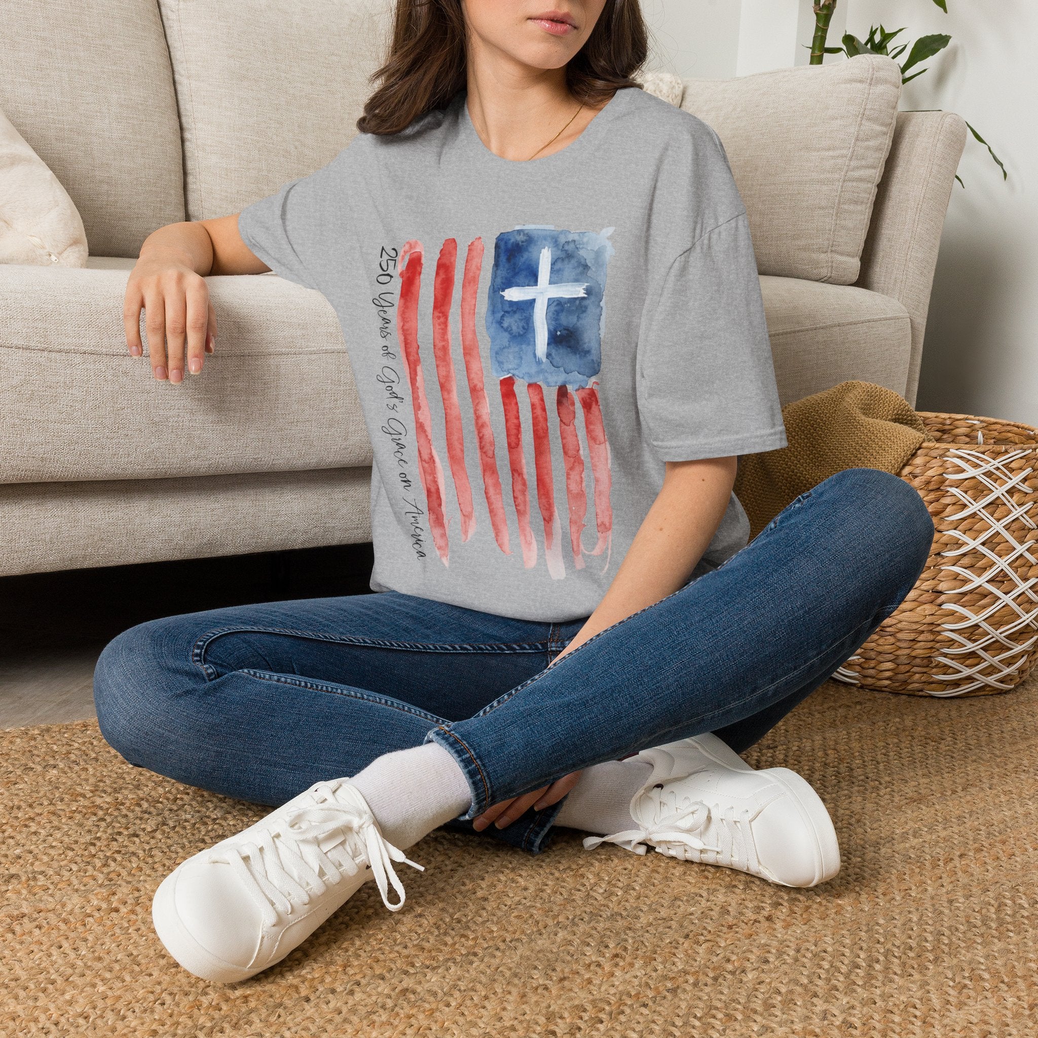 Christian Flag Watercolor T-Shirt — 250 Years of God's Grace Patriotic Tee