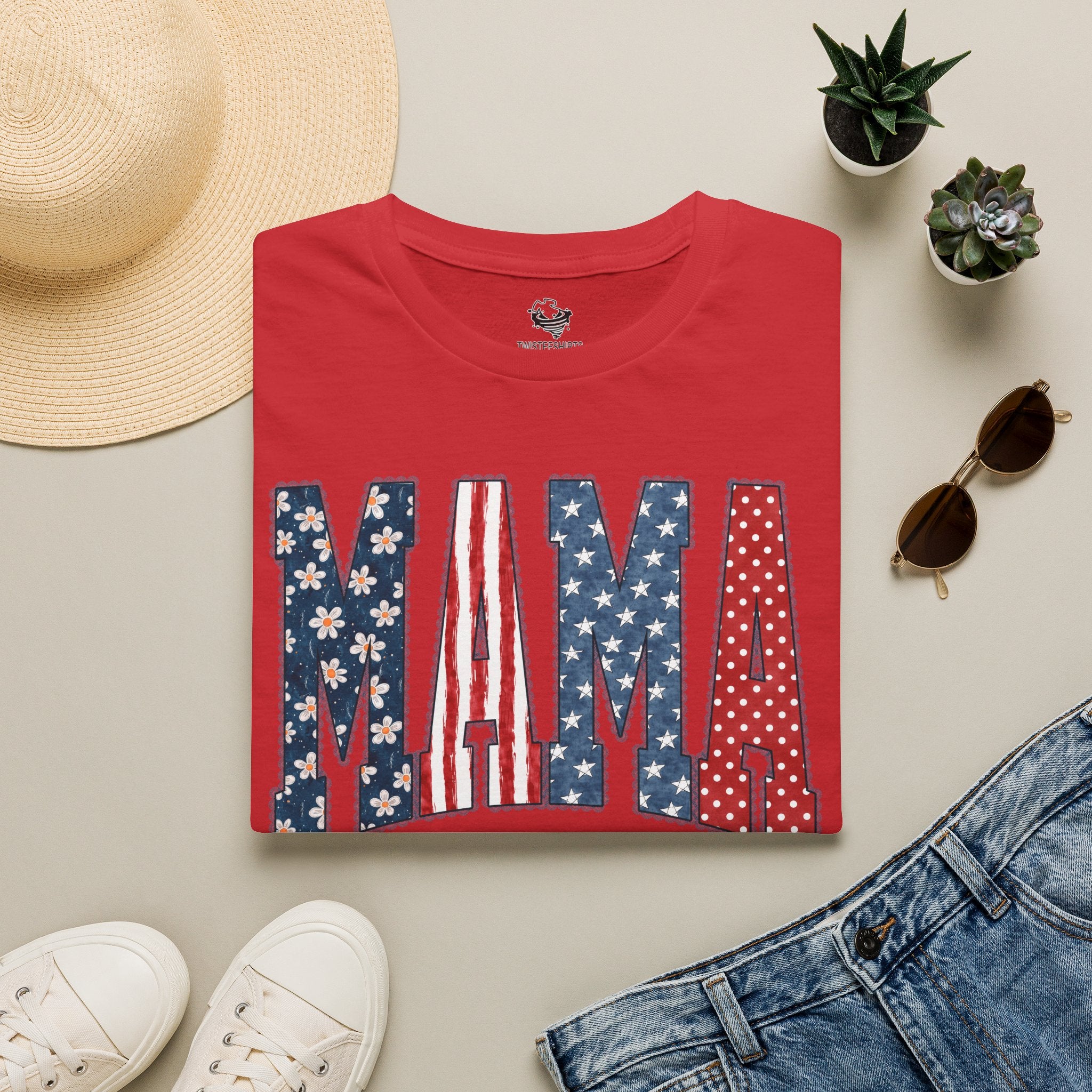 Mama T‑Shirt — Patriotic American Flag Floral Mama Tee for Mother's Day & 4th of July