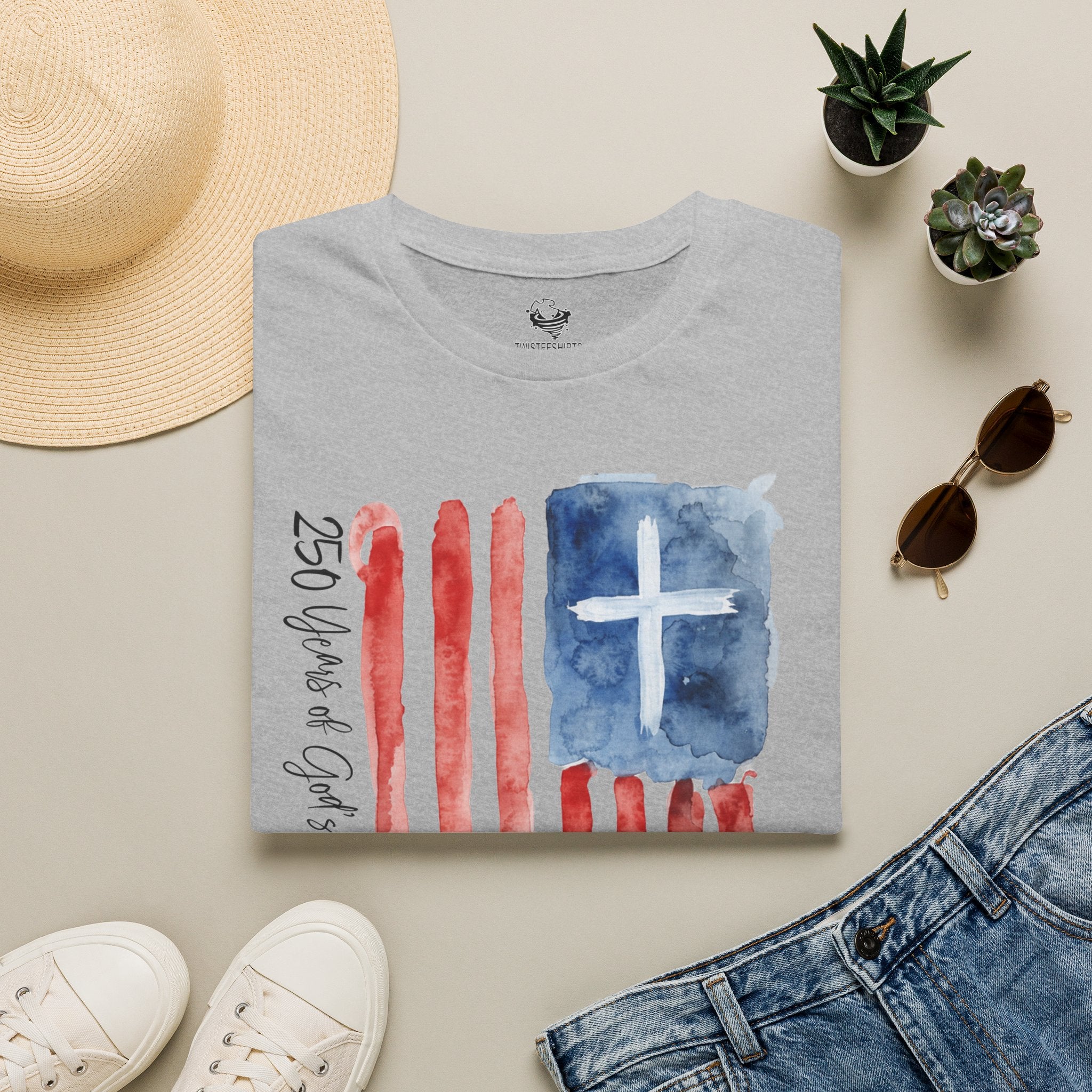 Christian Flag Watercolor T-Shirt — 250 Years of God's Grace Patriotic Tee