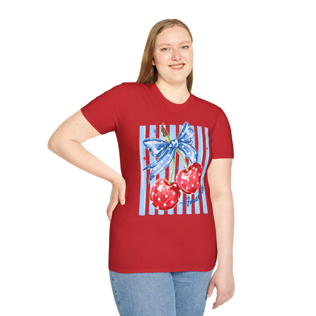 Cherry Bow T‑Shirt — Americana Red Cherries with Blue Ribbon Graphic