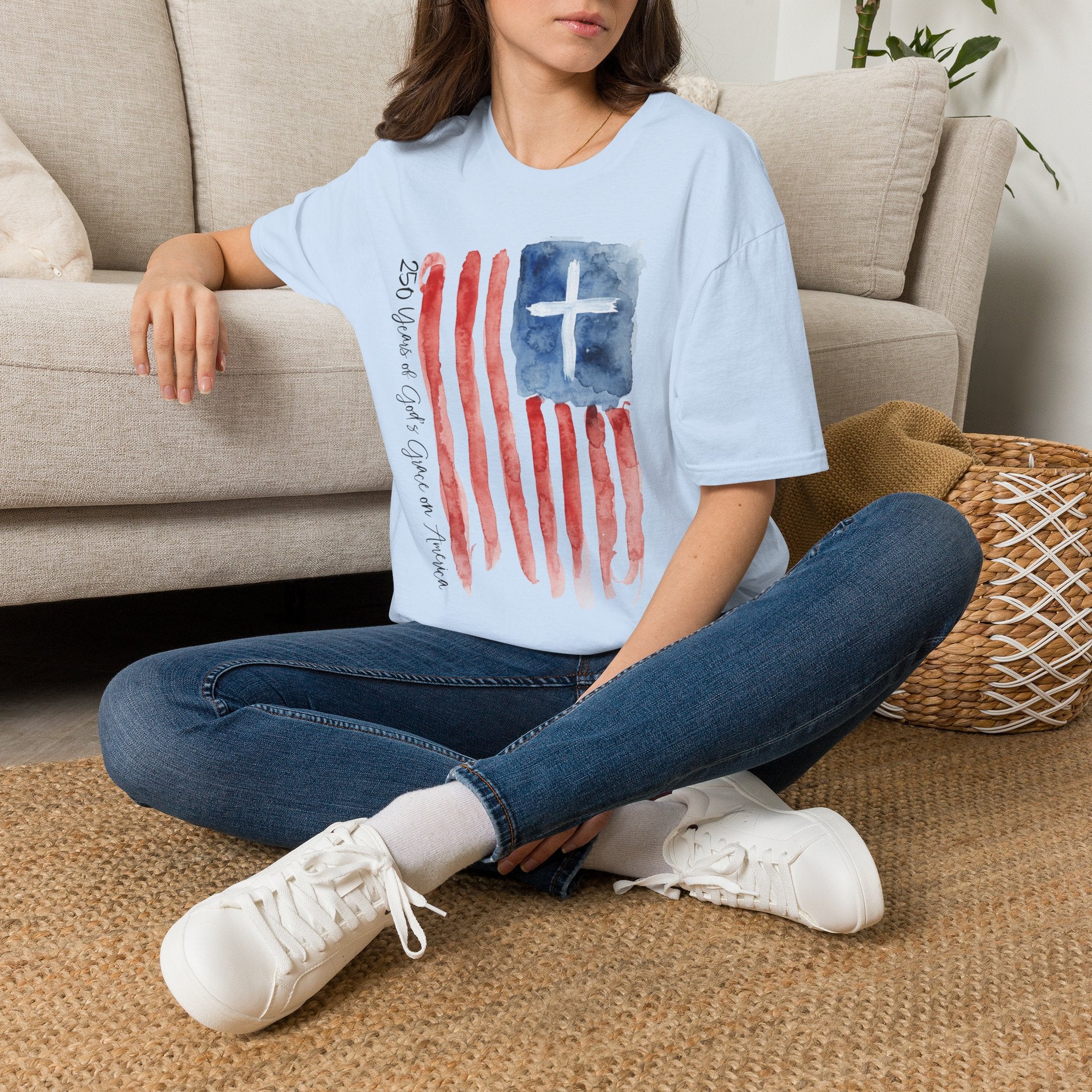 Christian Flag Watercolor T-Shirt — 250 Years of God's Grace Patriotic Tee