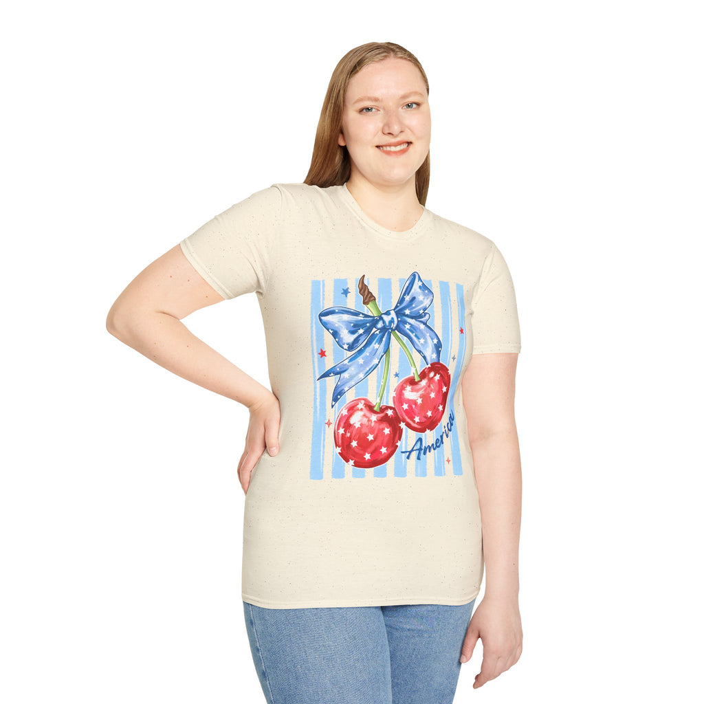 Cherry Bow T‑Shirt — Americana Red Cherries with Blue Ribbon Graphic