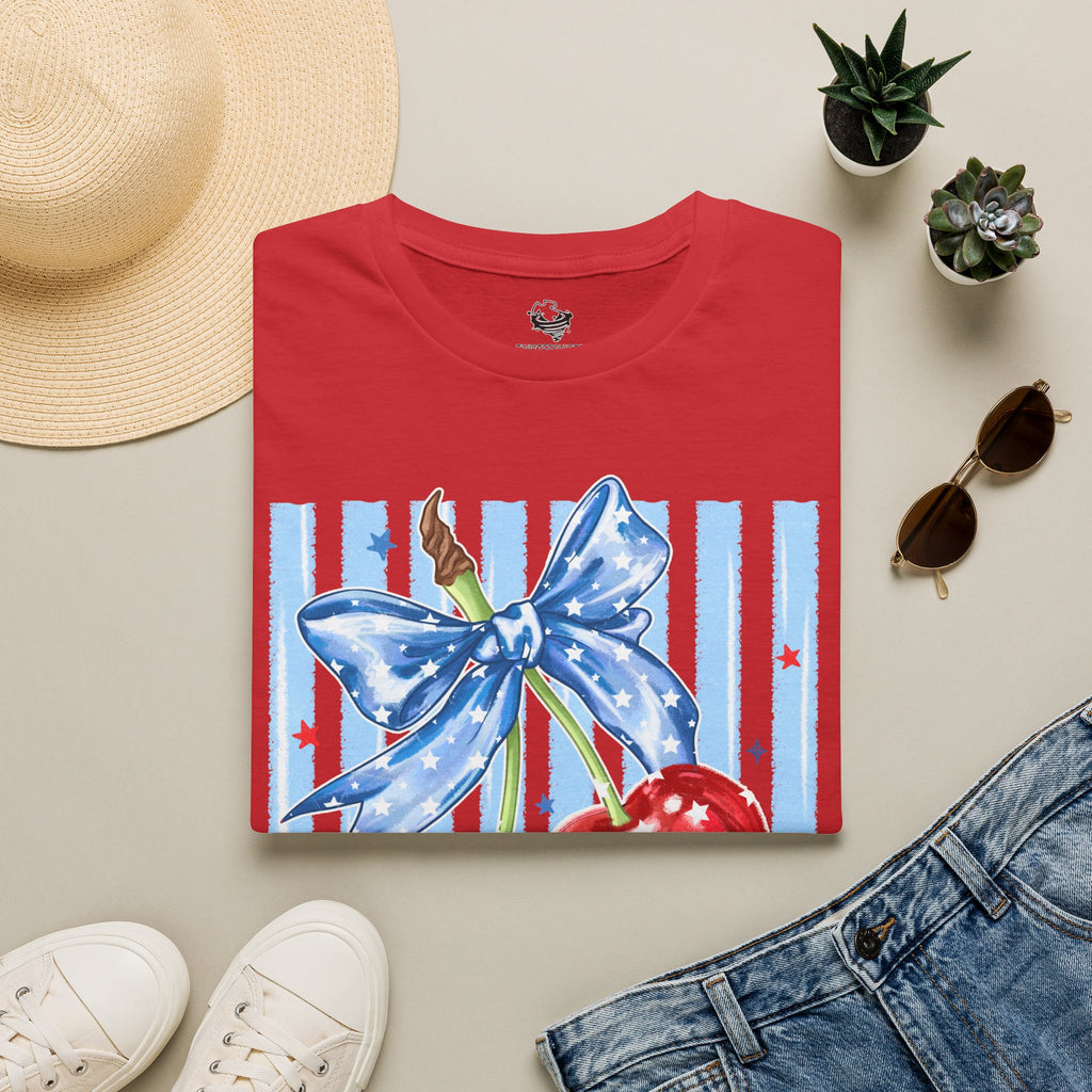 Cherry Bow T‑Shirt — Americana Red Cherries with Blue Ribbon Graphic