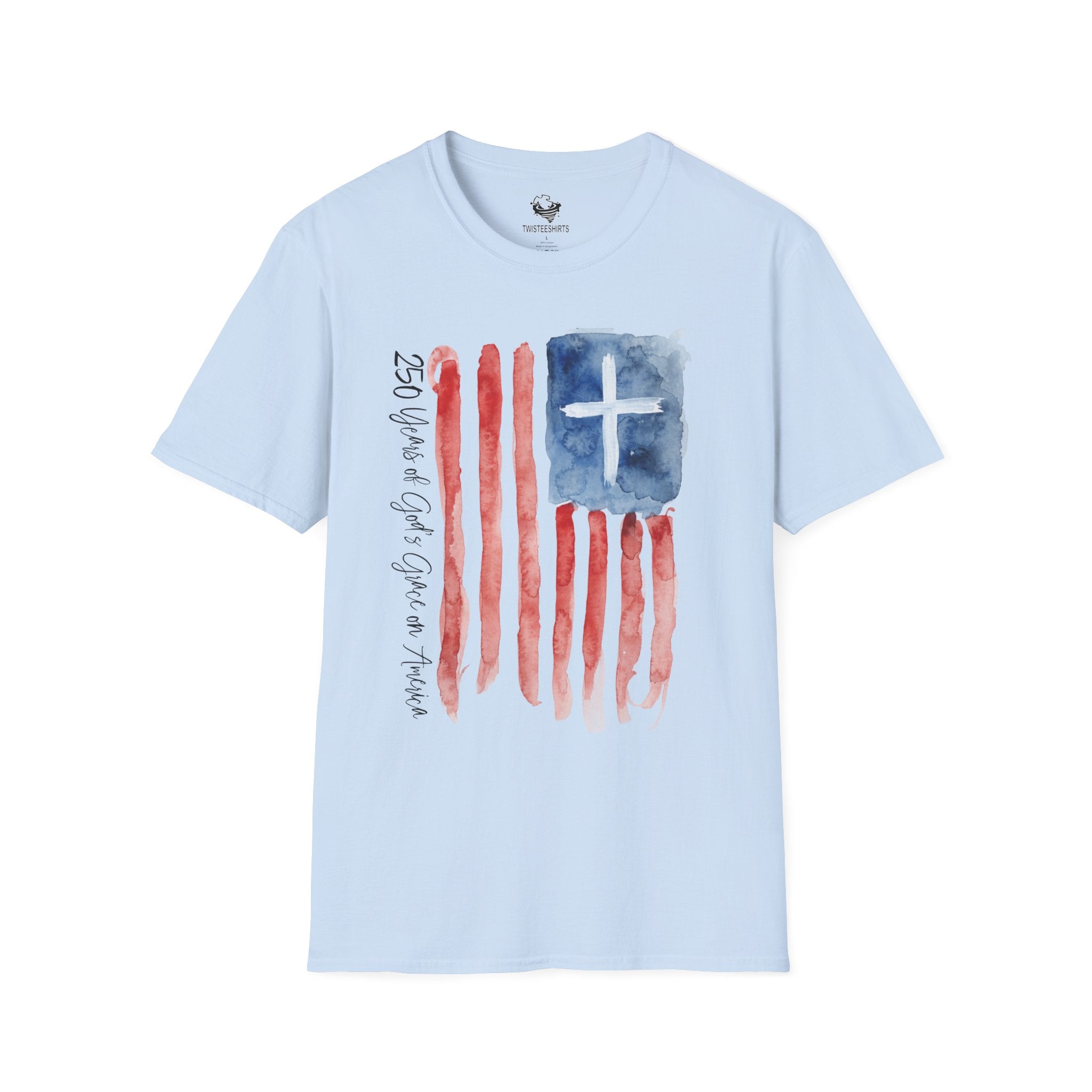 Christian Flag Watercolor T-Shirt — 250 Years of God's Grace Patriotic Tee