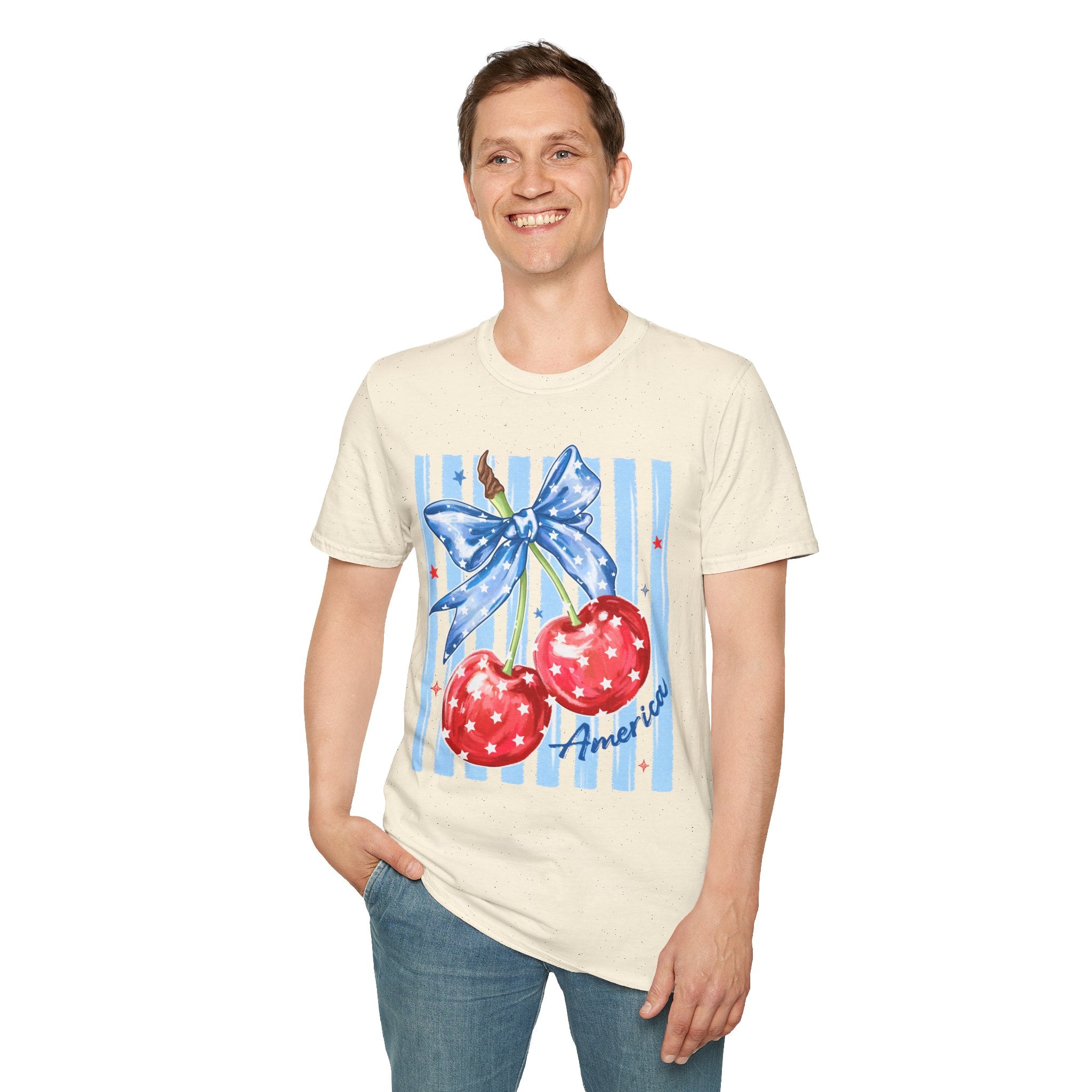 Cherry Bow T‑Shirt — Americana Red Cherries with Blue Ribbon Graphic