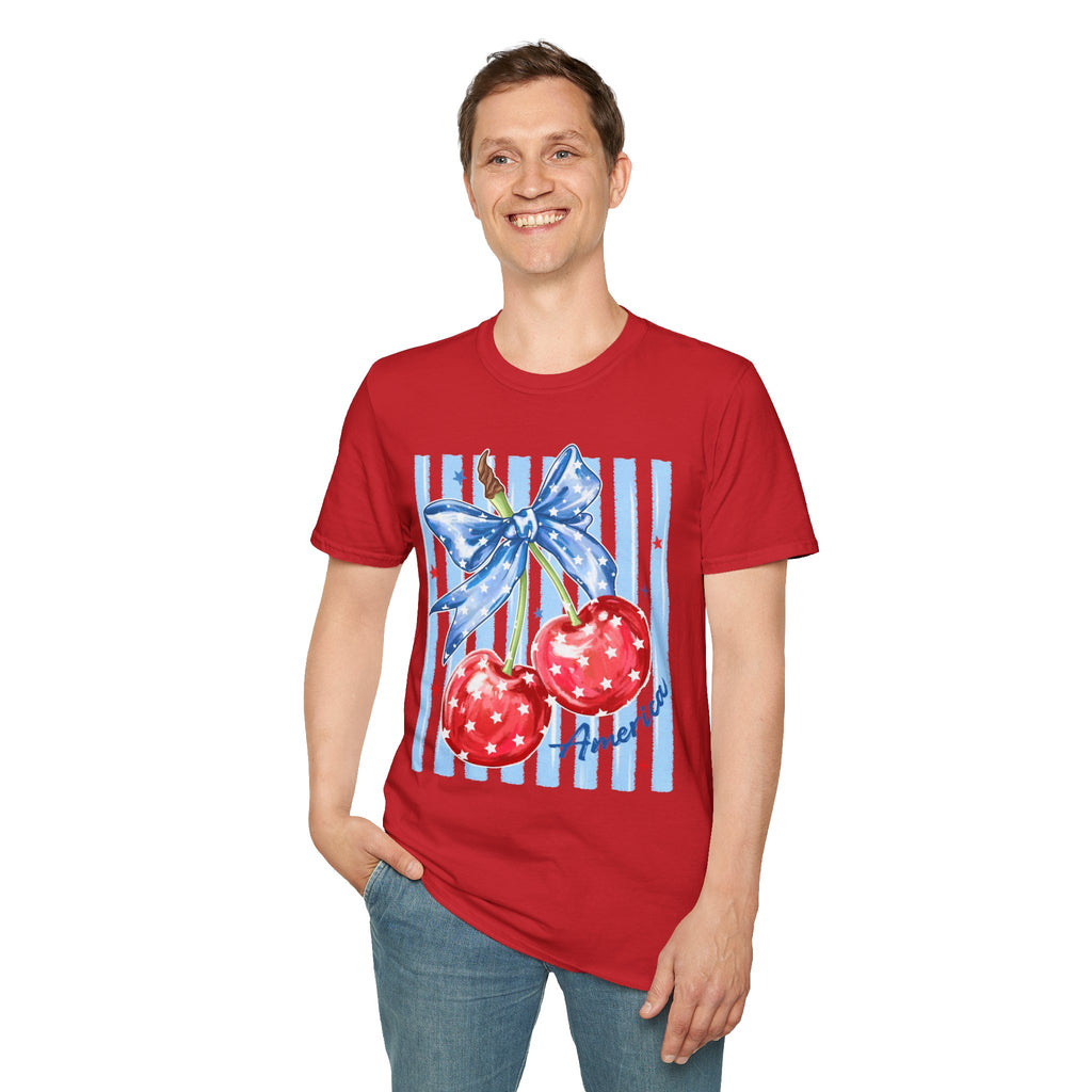 Cherry Bow T‑Shirt — Americana Red Cherries with Blue Ribbon Graphic
