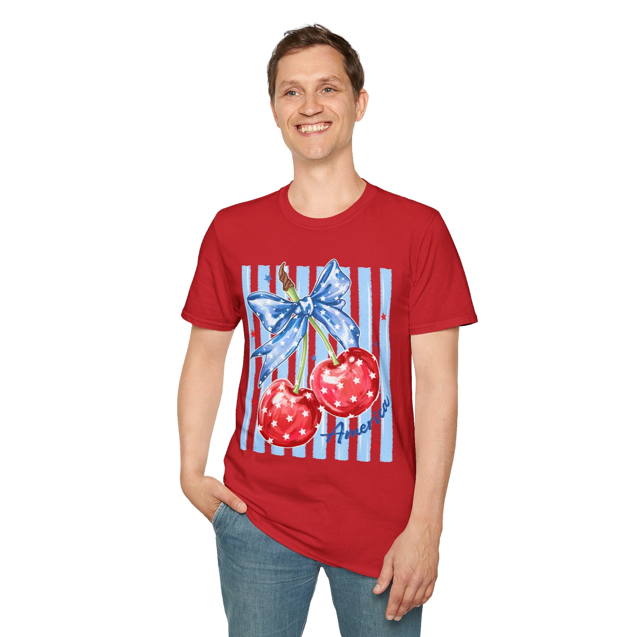 Cherry Bow T‑Shirt — Americana Red Cherries with Blue Ribbon Graphic