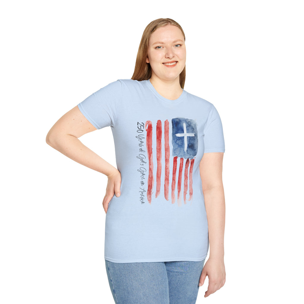 Christian Flag Watercolor T-Shirt — 250 Years of God's Grace Patriotic Tee